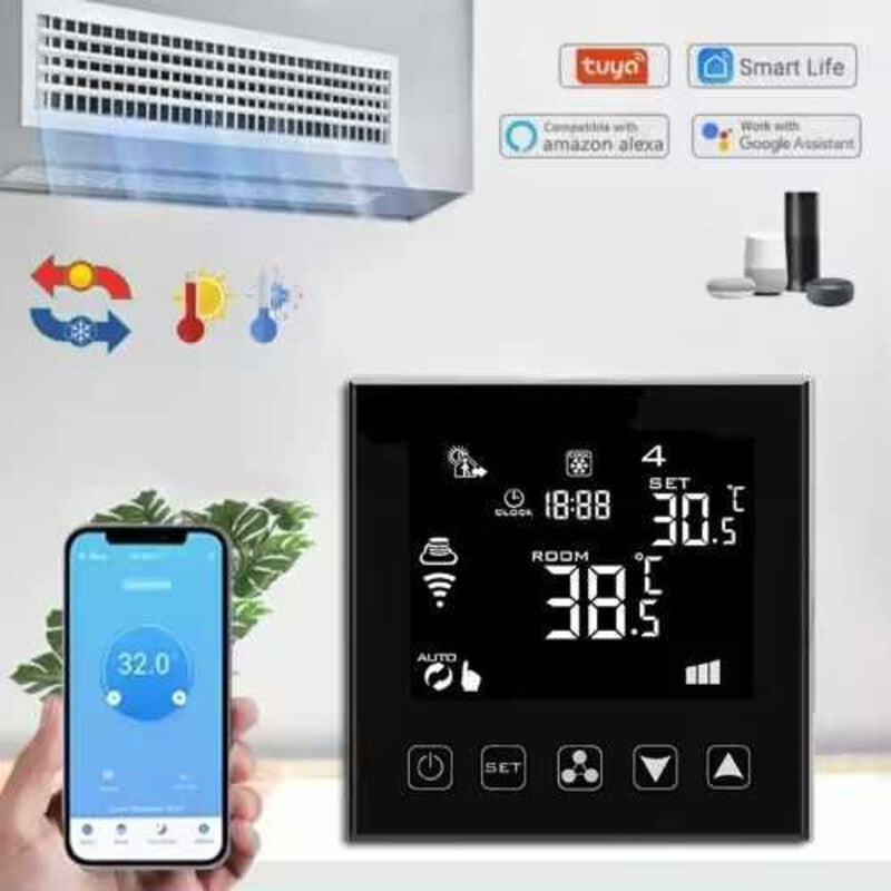Termostat smart negru HYSEN HY603-WIFI-AC Tuya, ventiloconvertor Termostat smart negru HYSEN HY603-WIFI-AC Tuya, ventiloconvertor